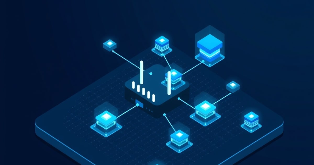 Isometric vector illustration showing sd-wan edge devices and network vulnerability indicators